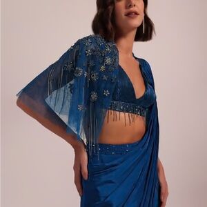 Navy blue prestiched saree with cape